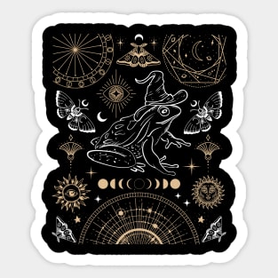 Witchy Frog Under Moon Phases, The Magician with Wizard Hat, Dark Academia Sticker